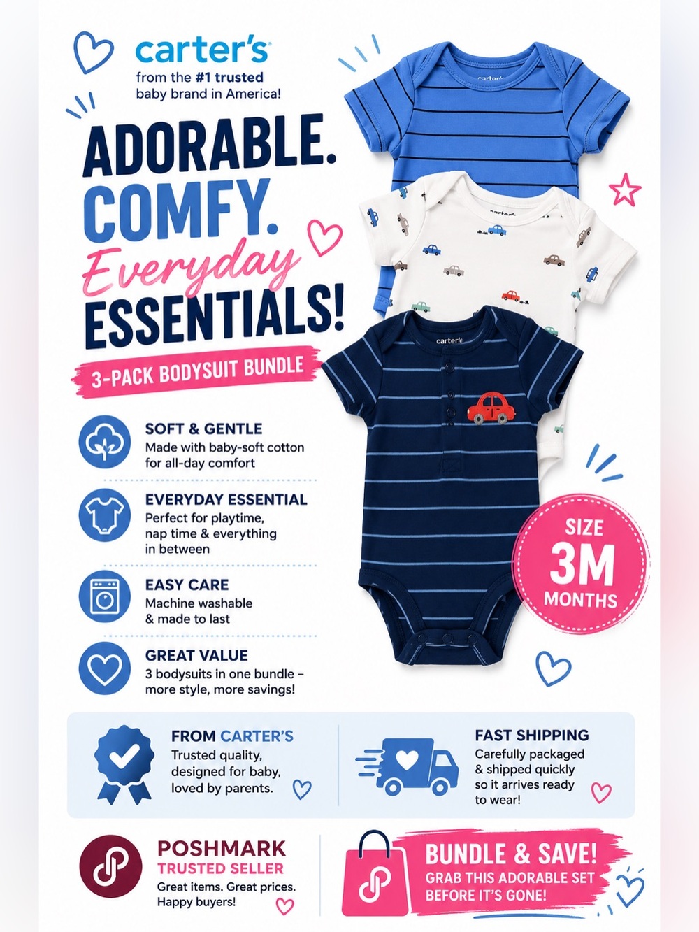 Carter’s 3-Pack Baby Boy Bodysuits 3M | New w/ Tags | Cotton Bundle